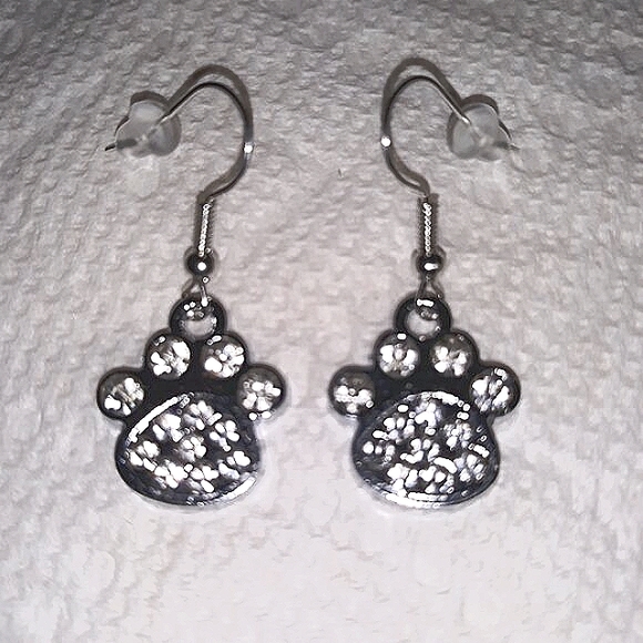 Crystal Paw Print Dangle Earrings Cat Dog Rhinestones Silver Pierced NEW - Picture 2 of 12